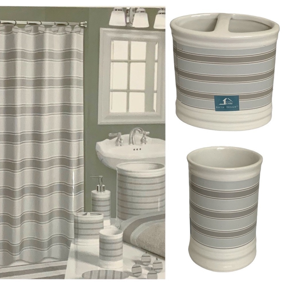 Striped Fabric Shower Curtain Ceramic Accessories 3 Pieces White Grey Tan Khaki